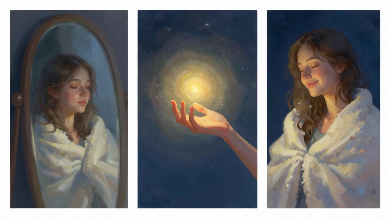 Tři scény symbolizující přeměnu: žena ztracená, pak přitahující světlo, nakonec klidně odpočívající pod hvězdami — metafora vnitřního znovuzrození.