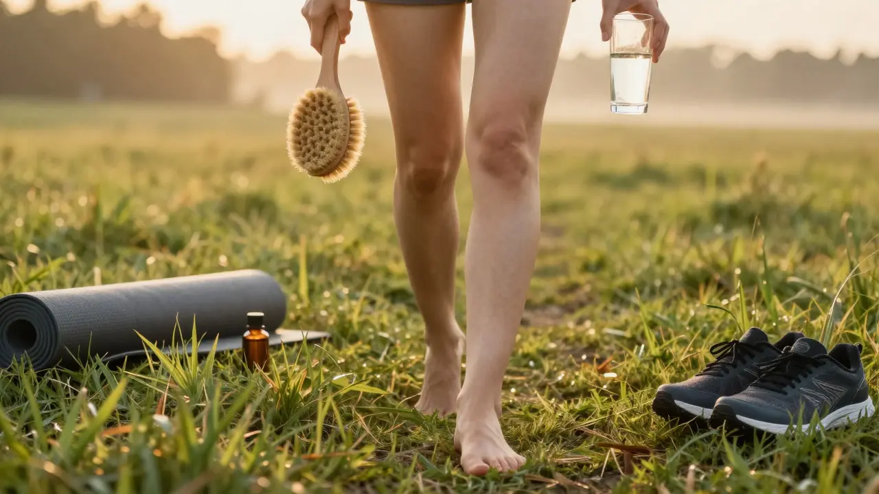 Žena kráčí na trávníku s kartáčem a sklenicí vody, symbolizující domácí péči.