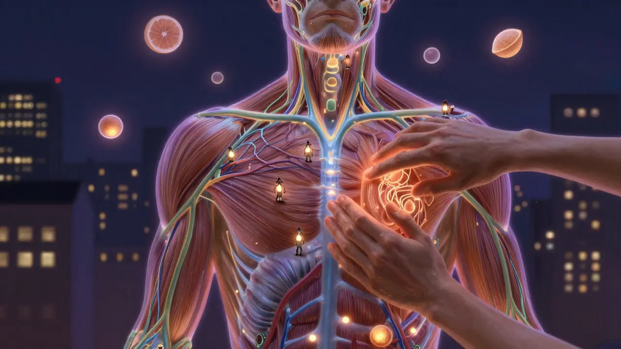 Abstraktní zobrazení lymfatického systému jako světélkujícího města, kde ruce maséře uvolňují blokády.