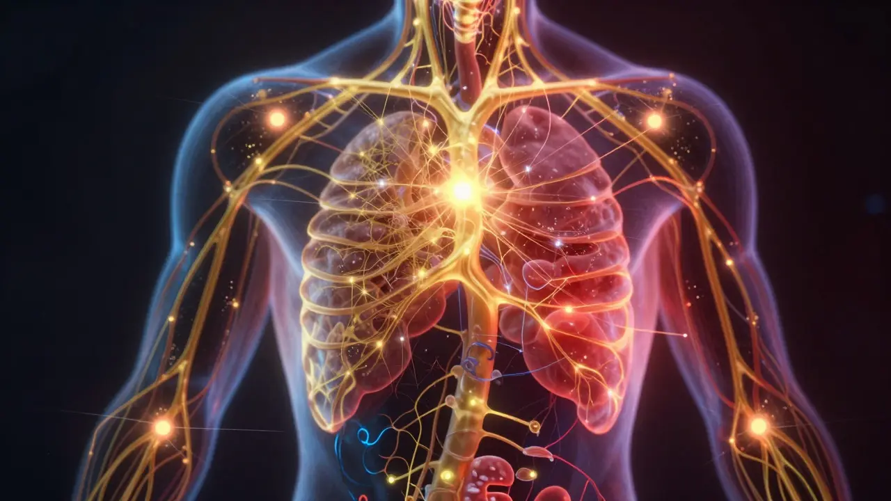 Abstraktní zobrazení toku energie a tepla v těle zlatými liniemi.