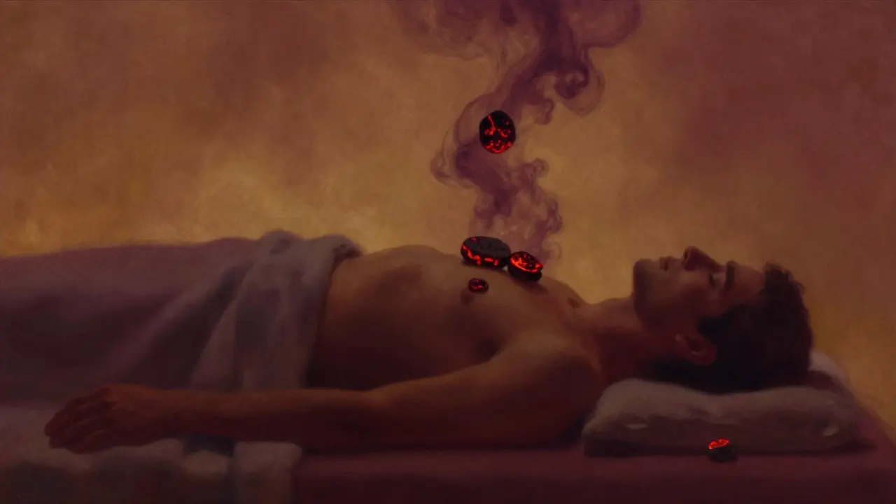 Konceptuální znázornění uvolnění napětí a tepla během masáže lávovými kameny.