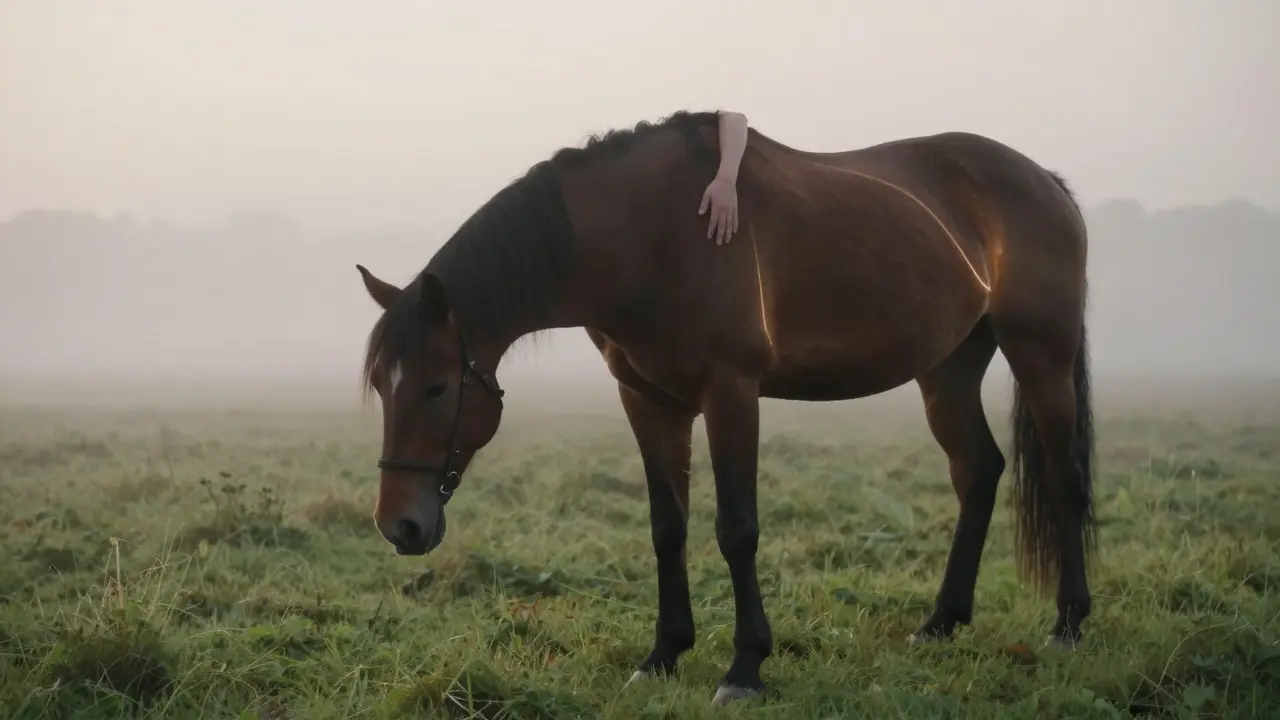 Kůň a člověk v klidné pastvě při svitu ranního slunce, člověk klidně drží kůň za krk.