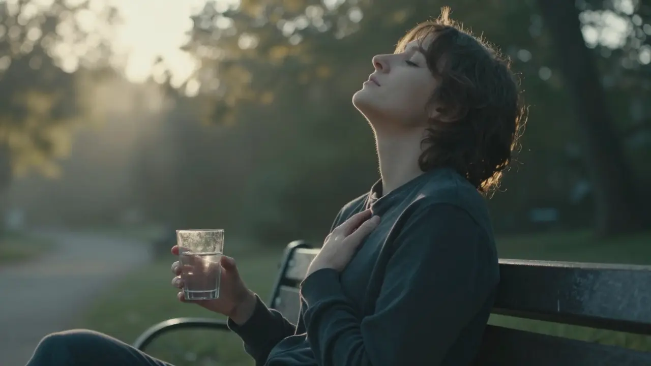 Osoba sedící venku po masáži s hlubokým dechem a rukou na hrudi, obklopená klidnou atmosférou.