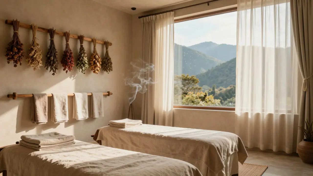 Pohodlná místnost pro ájurvédskou péči s bylinkami a světlem.