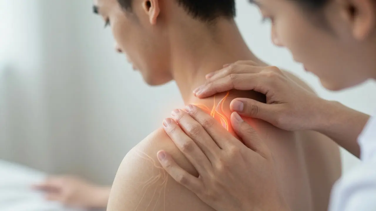 Ruce terapeuta aplikují tlak na trigger point v rameni, symbolizující obnovu krevního oběhu.