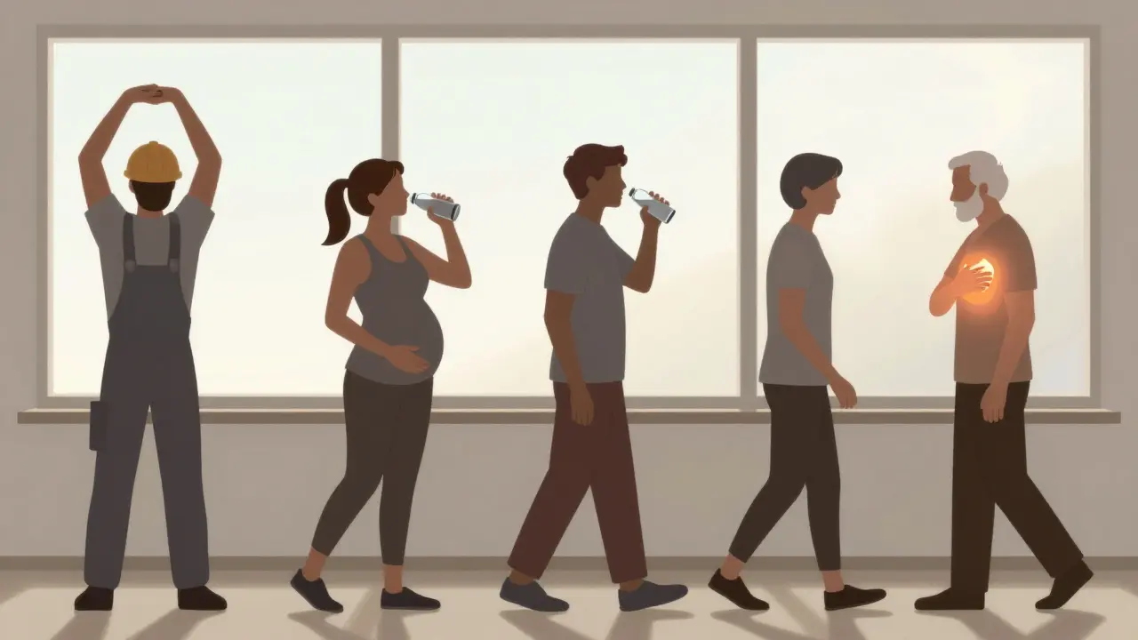 Různí lidé — pracovník, matka, starší muž — provádějí denní cvičení a péči o zdraví.