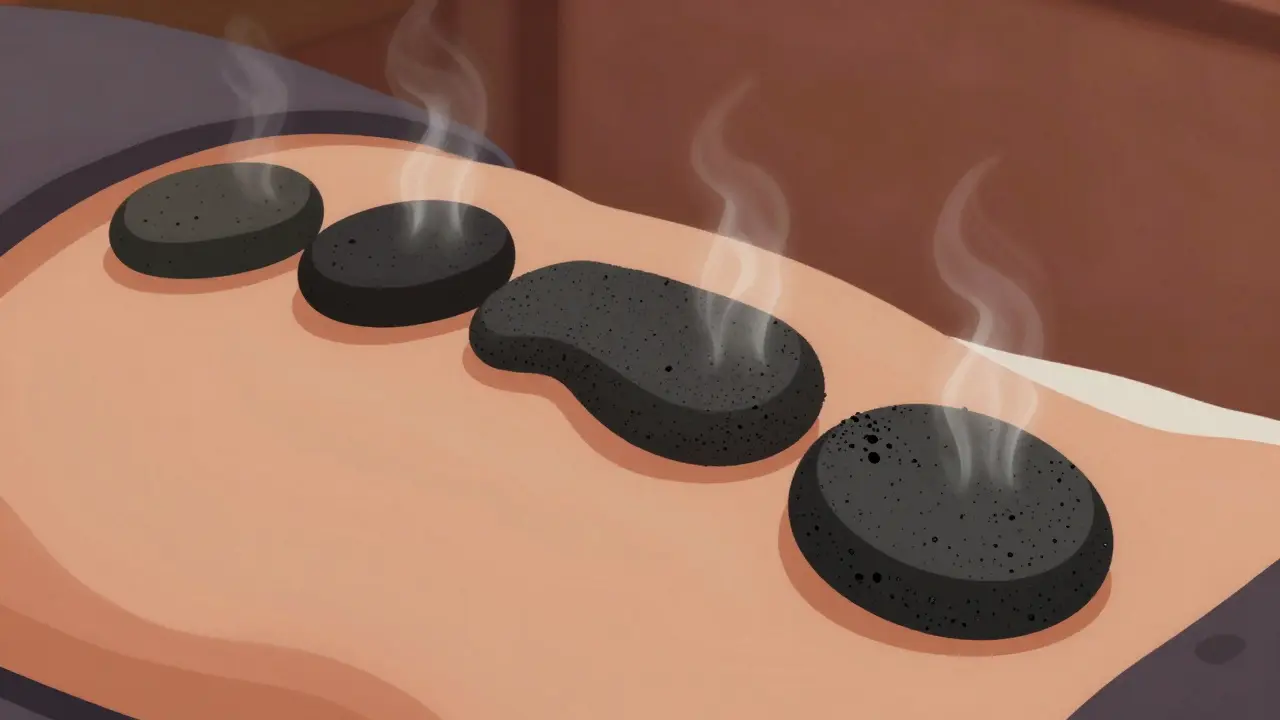 Tepelně vyzařující bazaltové kameny v klíčových oblastech těla během masáže.