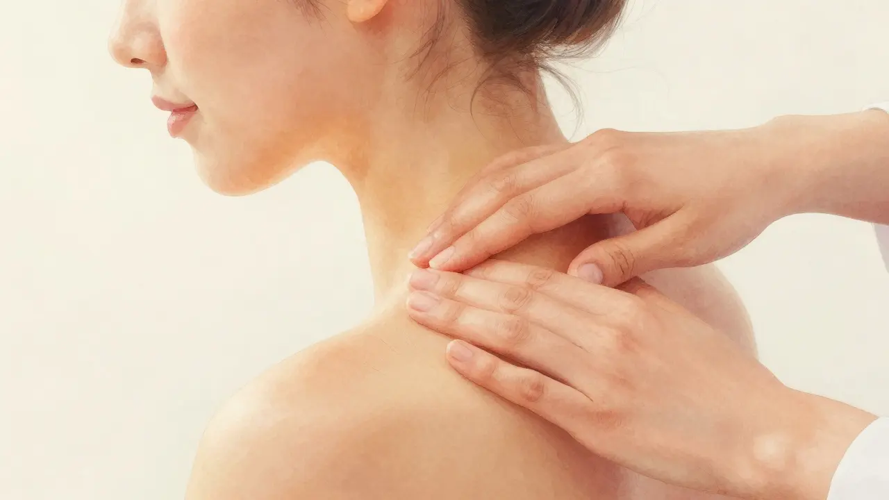 Terapeut aplikující pomalý tlak na oblast krku a ramen s viditelným uvolněním napětí.