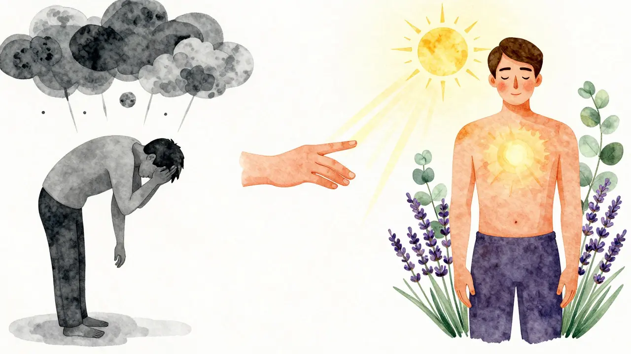 Tři fáze života: stres, dotek a obnova — symbolizující posílení imunity díky holistické masáži.