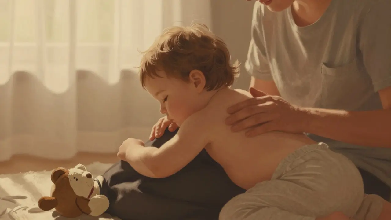 Tříleté dítě sedí na klíně rodiče a užívá si jemné hladění záda.