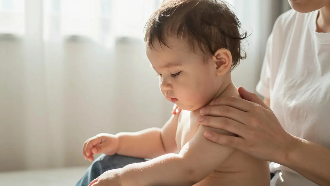 Tříleté dítě sedí na klíně rodiče, který mu jemně hladí záda v tichém světle.