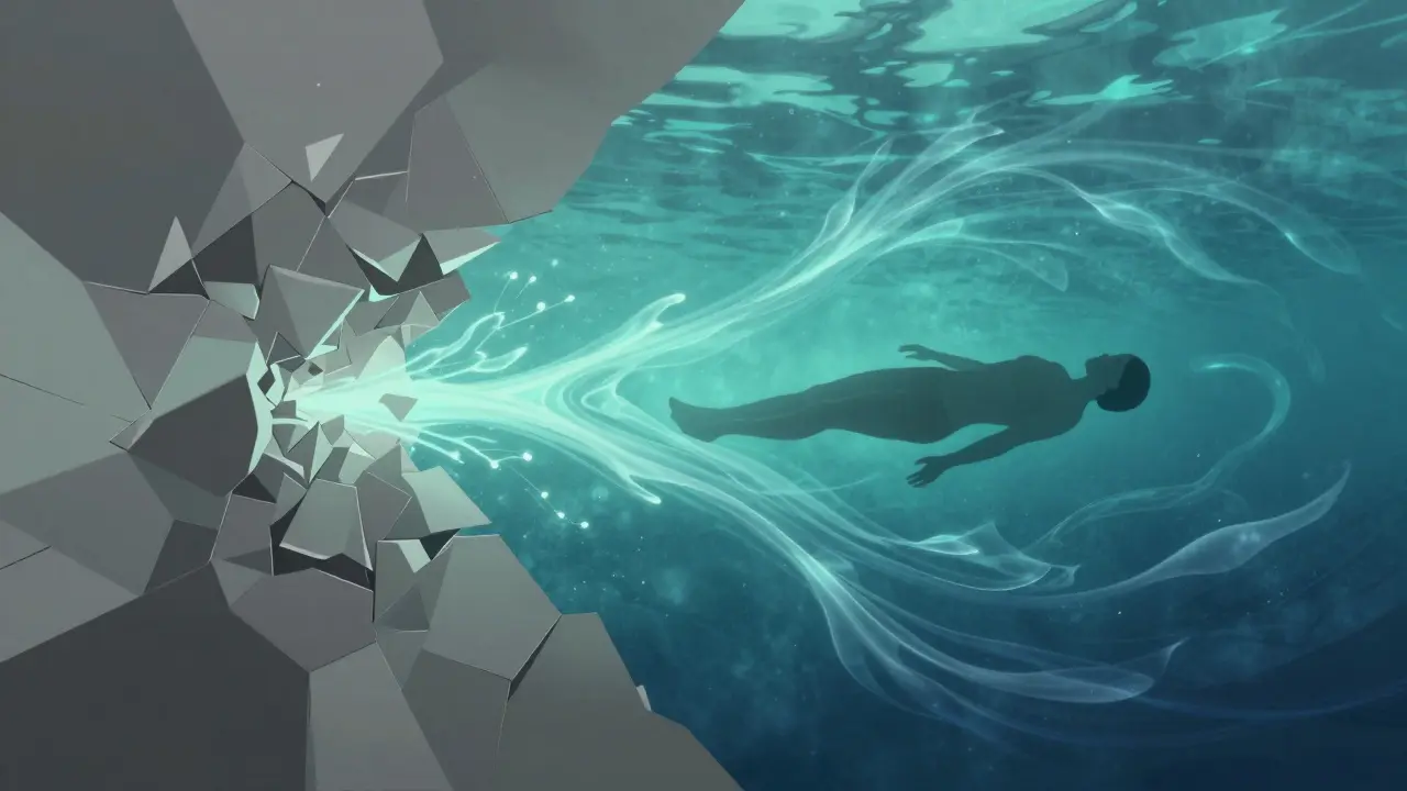 Abstraktní zobrazení přechodu od stresu k hlubokému klidu a regeneraci organismu.