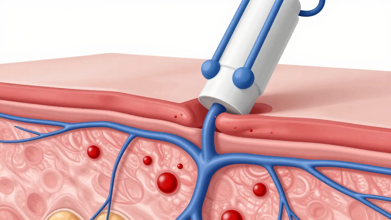 Anatomická ilustrace vlivu podtlaku baňkování na kapiláry a tkáně kůže.