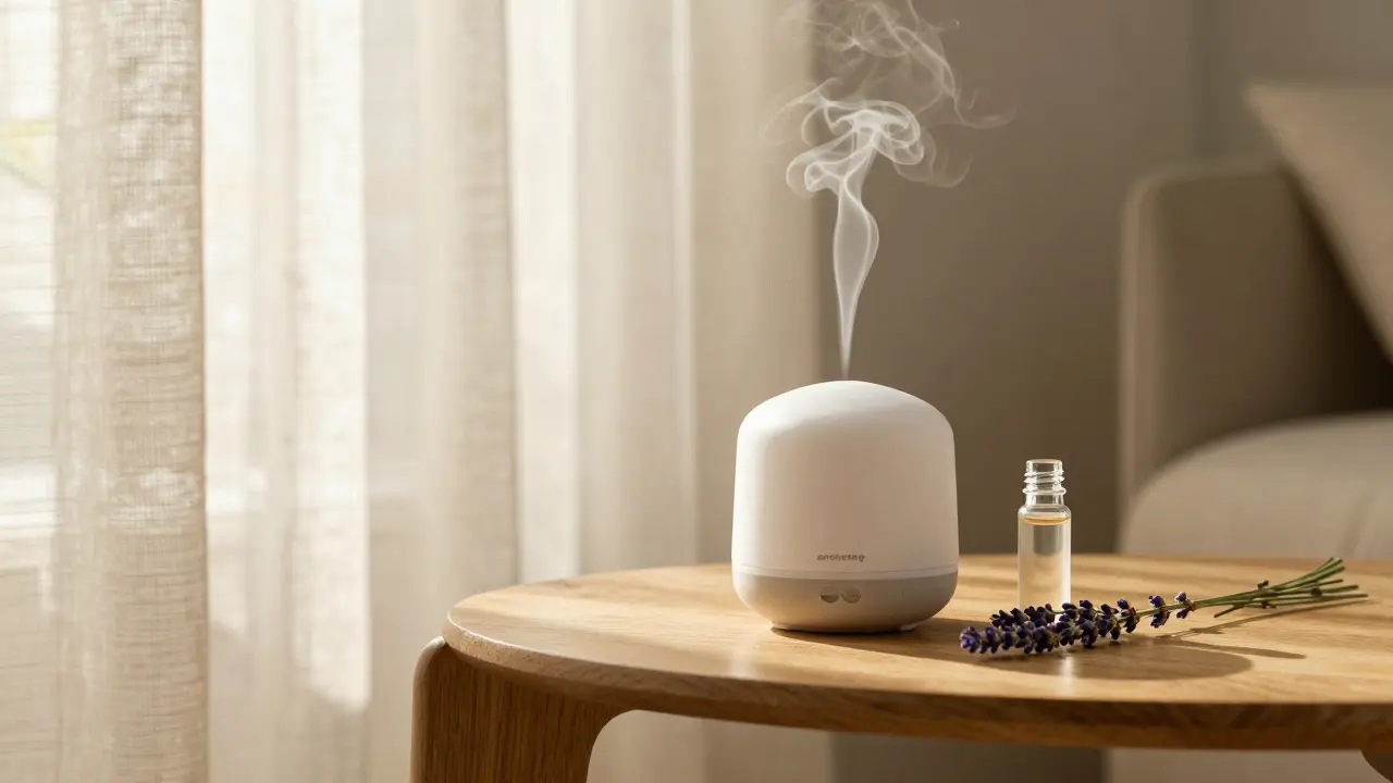 Aromatický difuzér a roll-on lahvička v útulném, slunečném koutě místnosti.