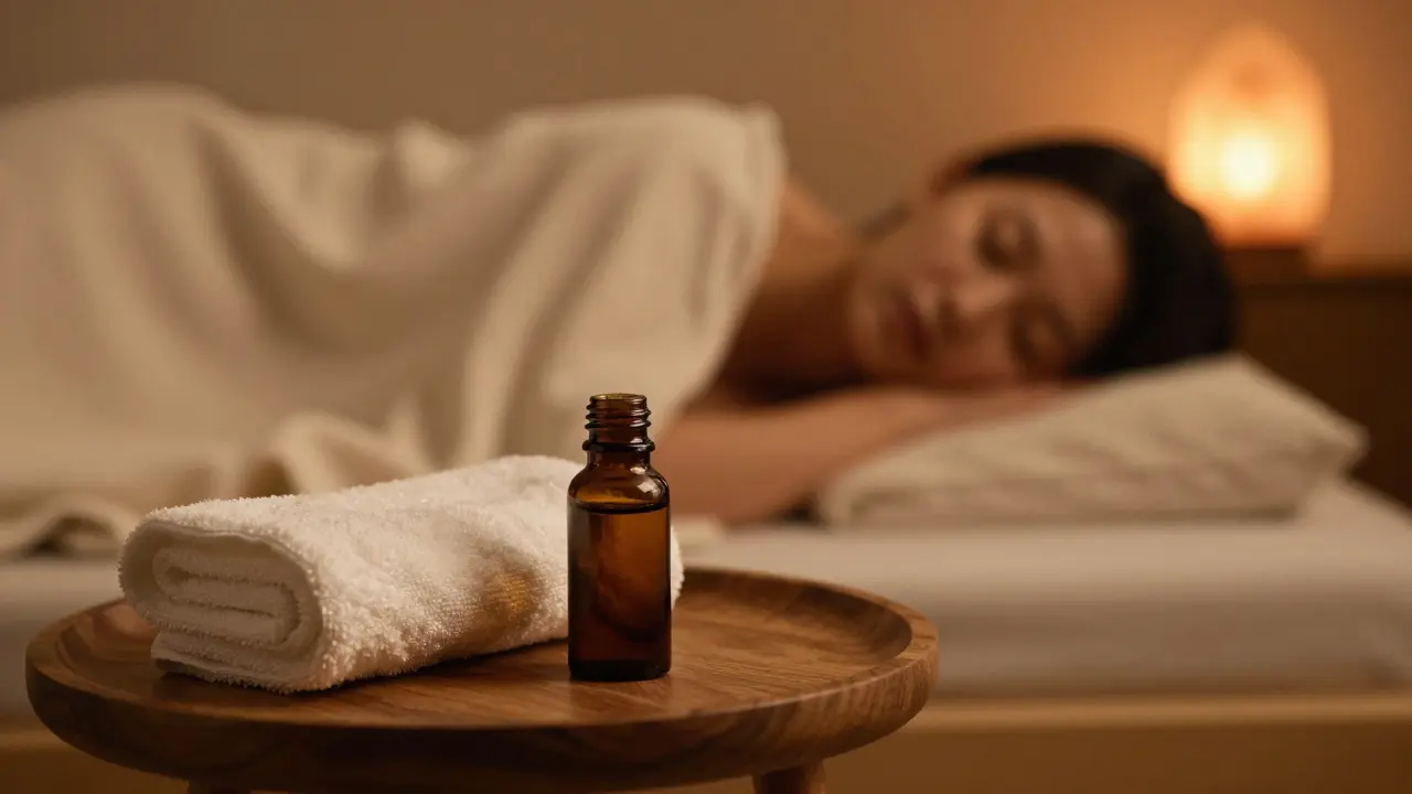 Klidný interiér s masážním olejem a v pozadí odpočívající osoba pod přikrývkou.