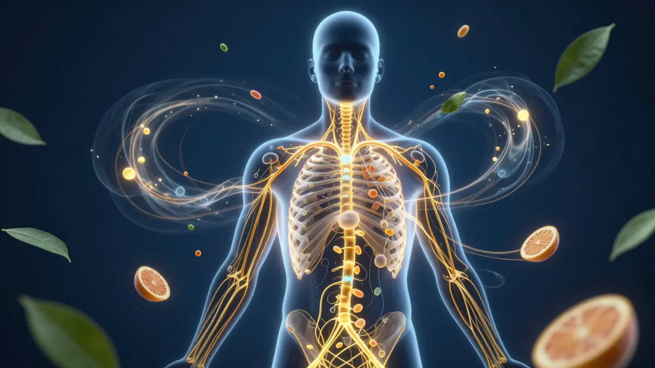 Konceptuální zobrazení aktivace lymfatického systému a imunity pomocí rostlinných esencí.