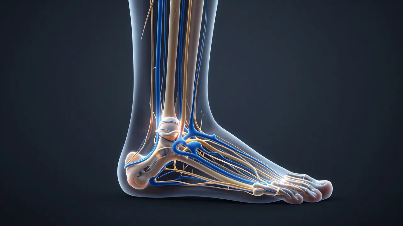 Konceptuální zobrazení lymfatického systému a průtoku krve v noze