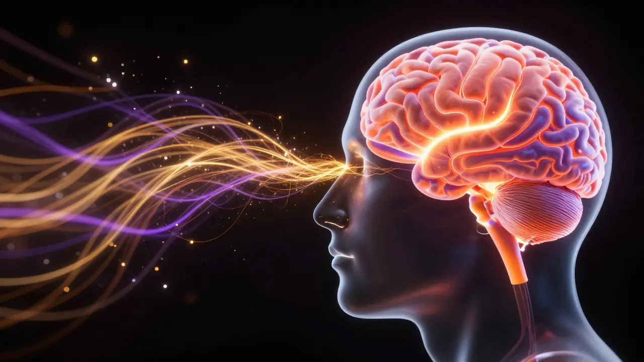 Konceptuální zobrazení vlivu vůní esenciálních olejů na limbický systém v mozku.