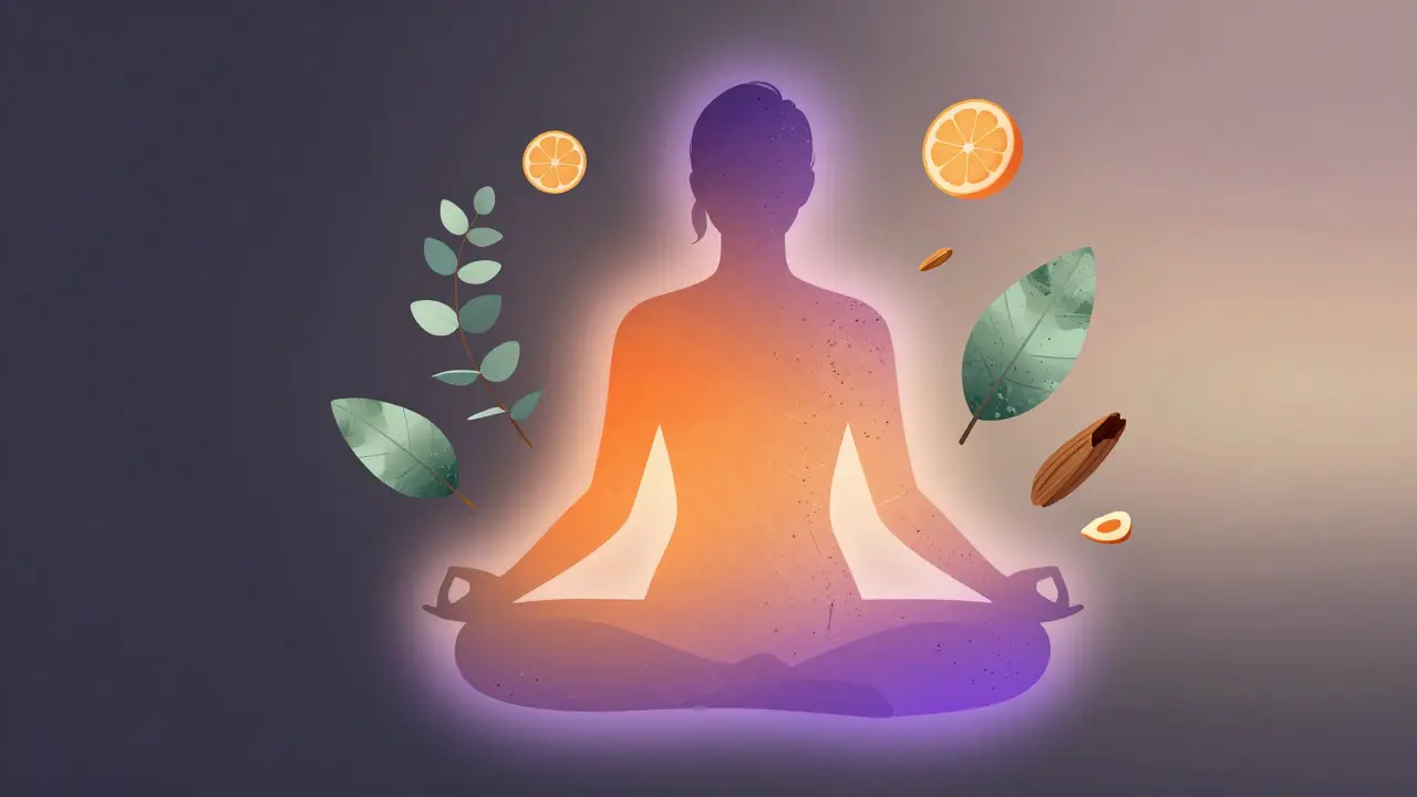 Kresba znázornující přechod od stresu k vnitřnímu klidu díky aromaterapii.