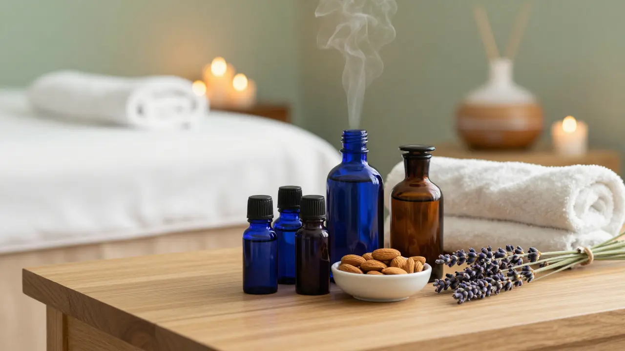 Sada esenciálních olejů v tmavých lahvičkách v uklidňujícím prostředí masážního salonu.