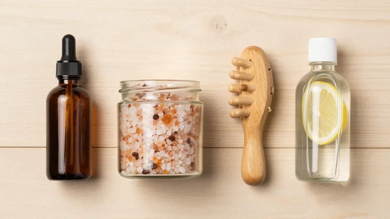 Sada produktů pro péči o tělo: kofeinový olej, peeling a čistá voda.