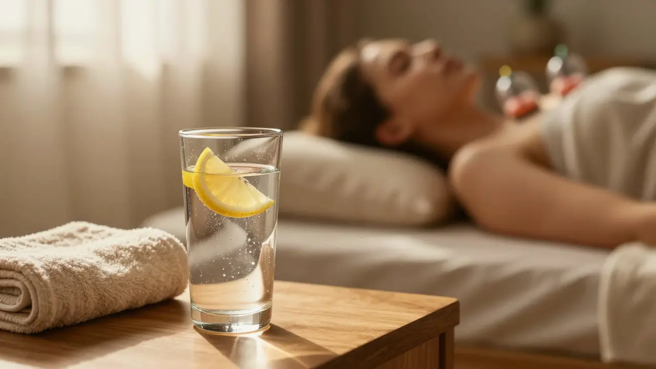 Sklenice vody a klidné prostředí symbolizující hydrataci po baňkování.