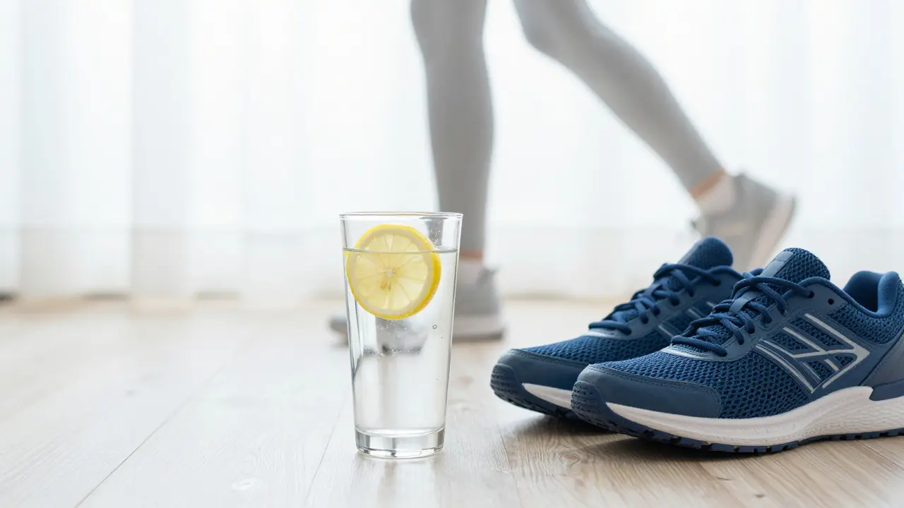 Sklenice vody s citronem a sportovní boty symbolizující hydrataci a pohyb.