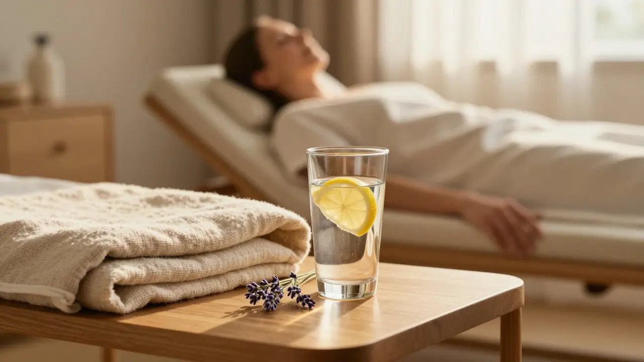 Staklenice vody a levandule vedle odpočívající osoby v útulném, slunném interiéru.