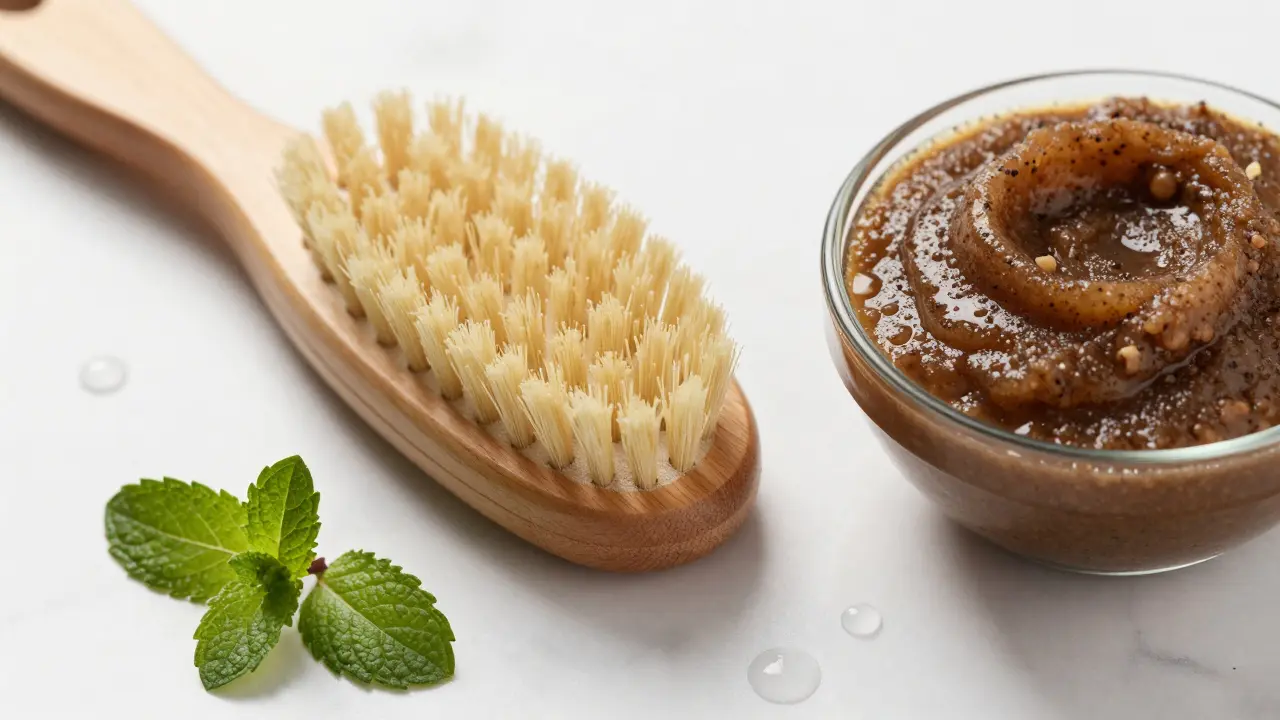 Štětka na suché kartáčování a kávový peeling na mramoru