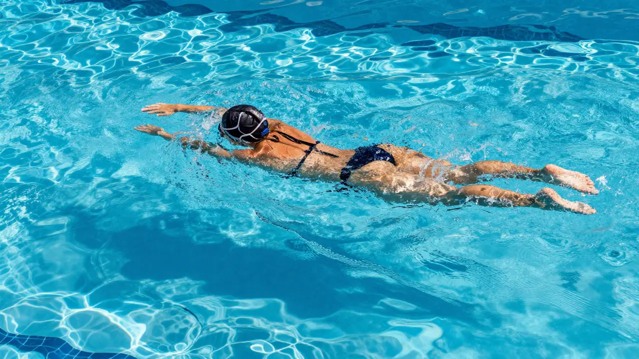 Žena plavící se v modrém bazénu pro stimulaci lymfy