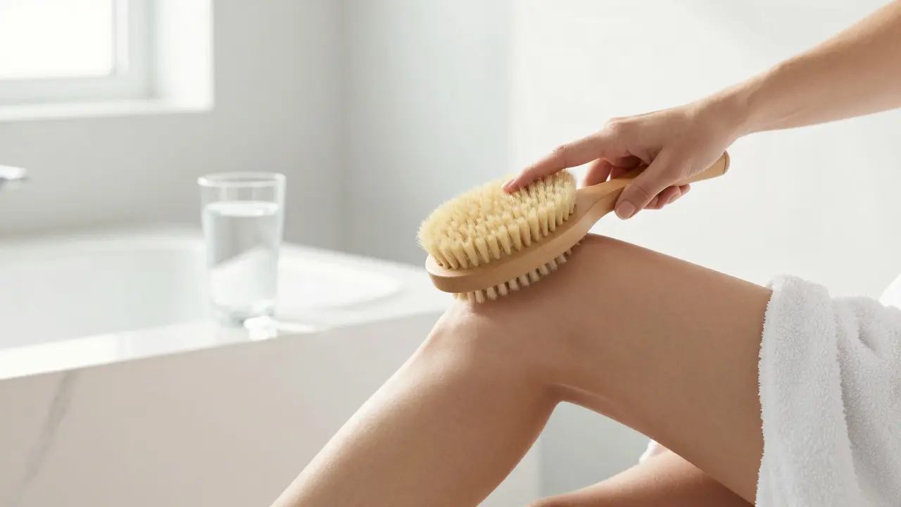 Žena používá kartáč na suché kartáčování nohy v brightně koupelně.