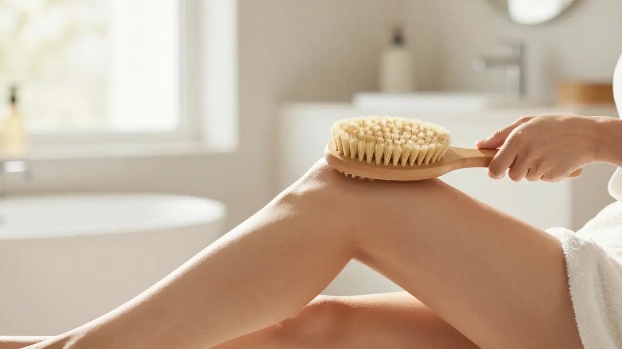 Žena používá kartáč pro dry brushing na stehně v přirozeném ranním světle.