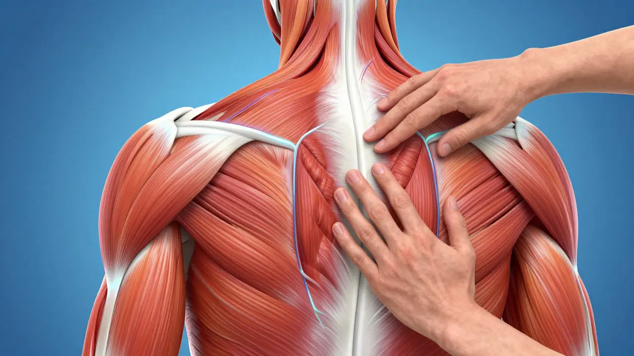 Anatomická ilustrace uvolňování svalů a zlepšení prokrvení zad