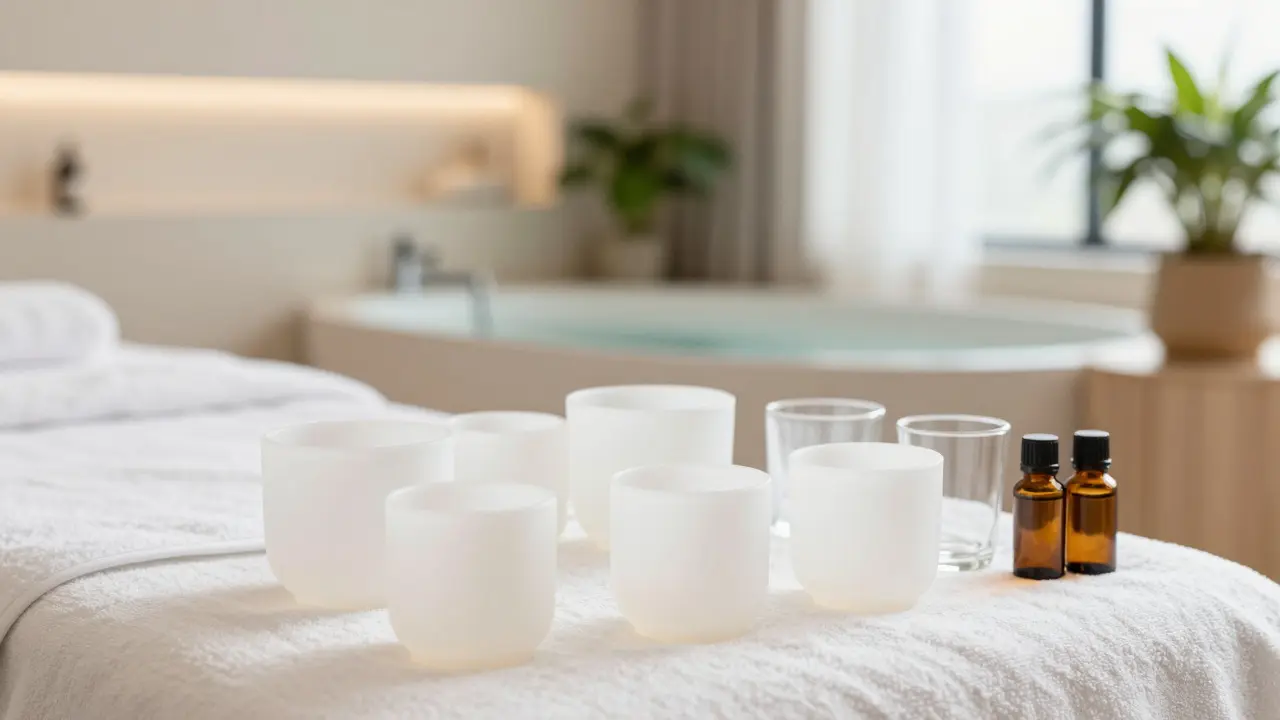 Čisté terapeutické baňky a oleje v klidném interiéru moderního wellness centra