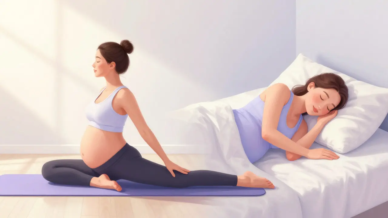 Ilustrace kombinující jógu pro těhotné a ergonomický spánek s podpůrnými polštáři.