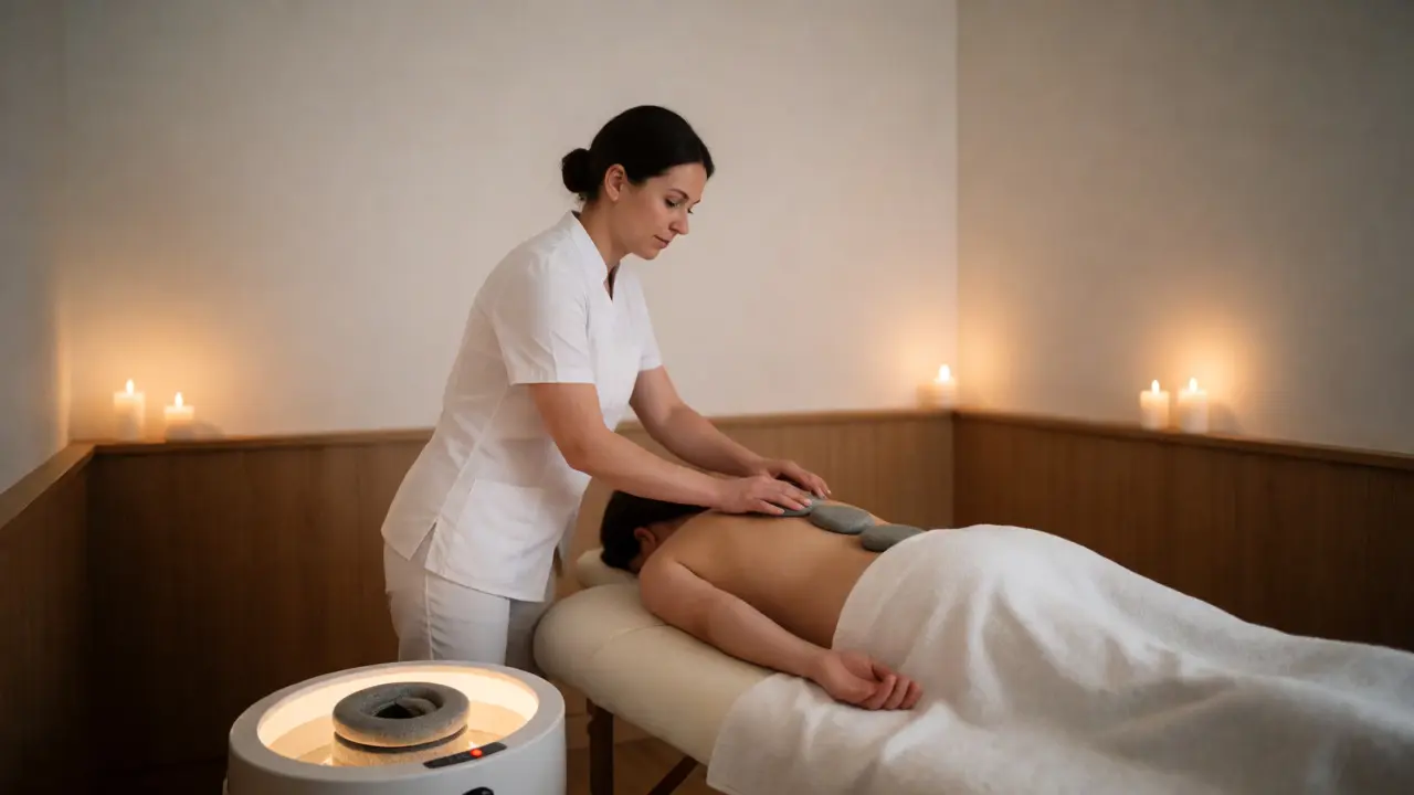 Terapeut pokládá kameny podél páteře v klidném wellness centru