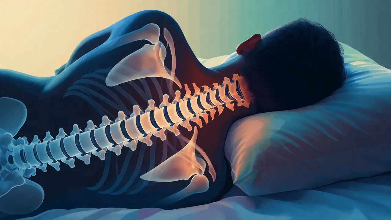 Ilustrace správného zarovnání krční páteře při spánku na boku