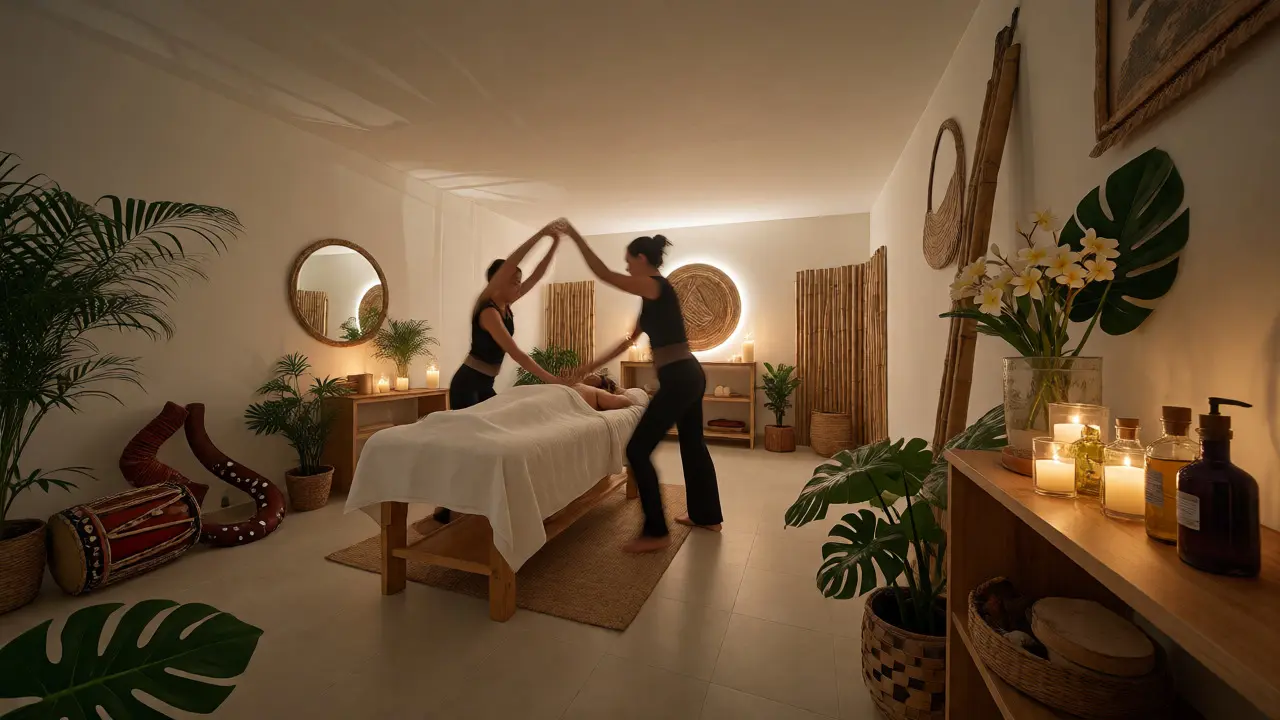Interiér wellness studia s terapeutem dynamicky pohybujícím se kolem klienta při masáži.