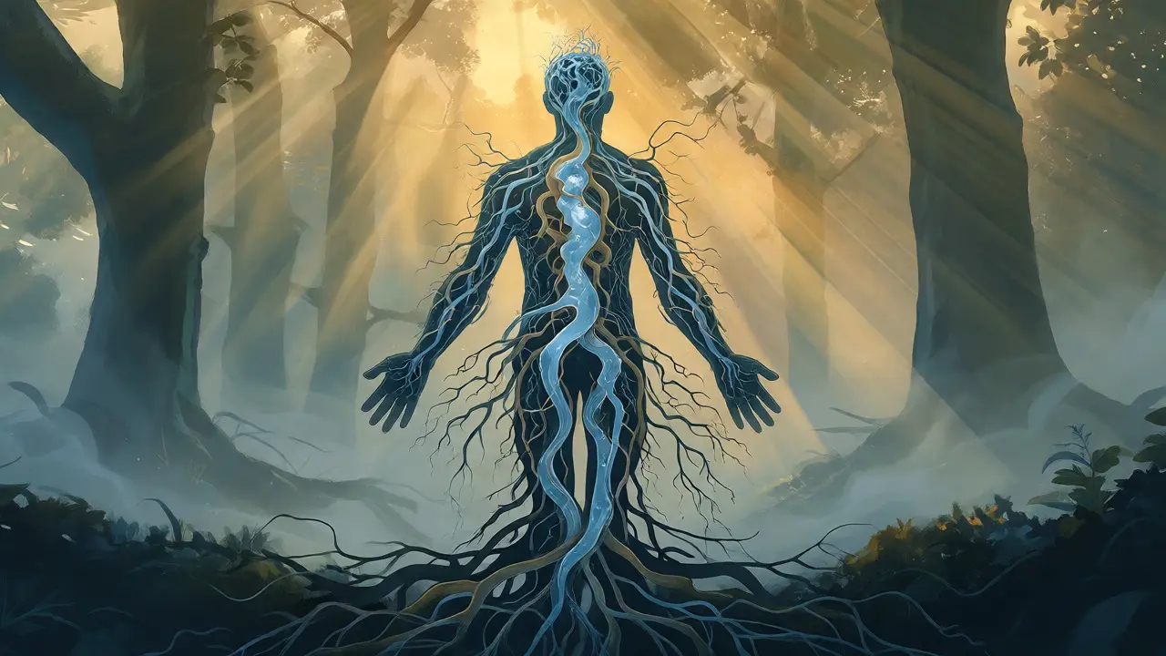 Konceptuální ilustrace lidské postavy s proudící lymfou a přírodními prvky